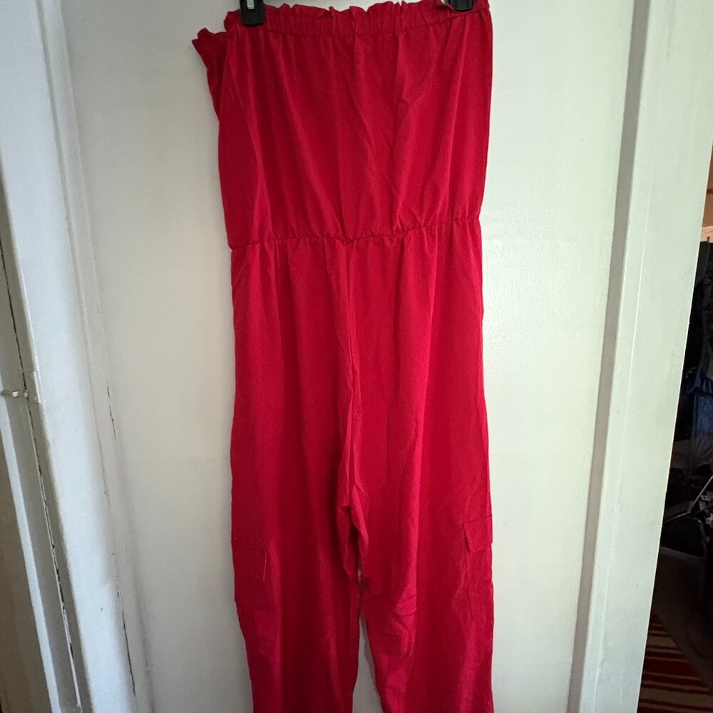Women strapless jumpsuit w/elastic on the bottom long pant